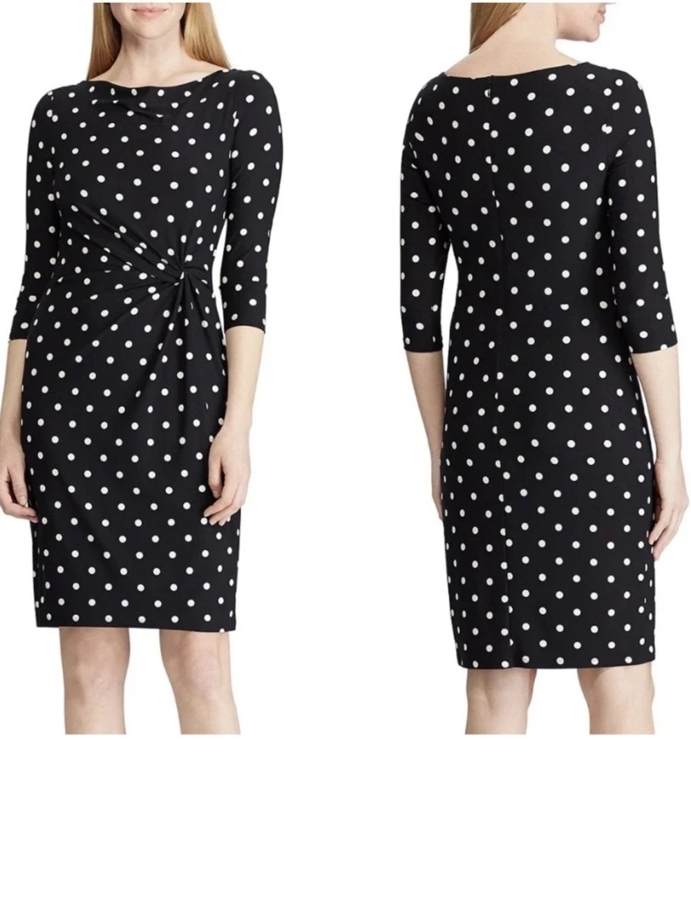 Lauren Ralph Lauren Black and White Polka Dot Side Ruched Midi Dress (J)